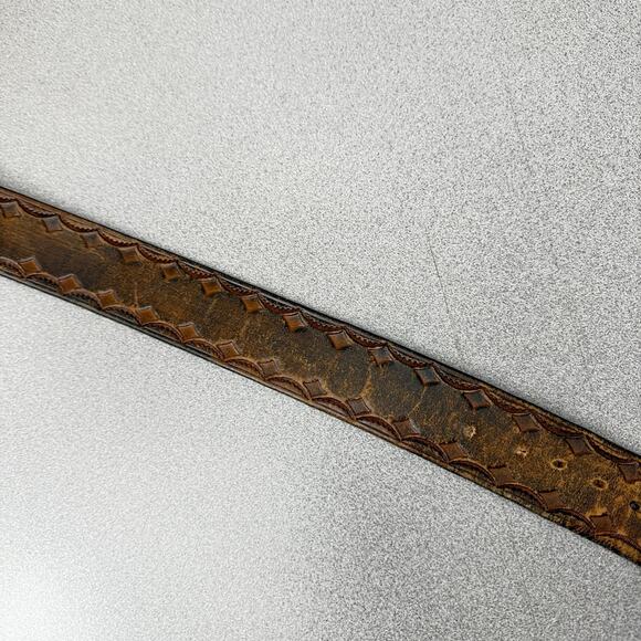 Distressed Brown Leather Belt Mens Diamond Embossed Brass Fits 35-42 1.75in - Picture 4 of 8